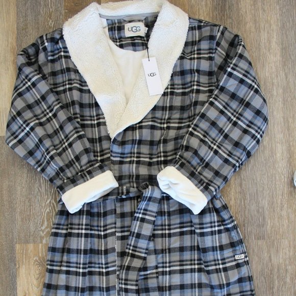 NWT UGG MEN'S‎ KALIB FLANNEL FLEECE PLUSH BATH ROBE BLUE GRAY - Picture 2 of 7